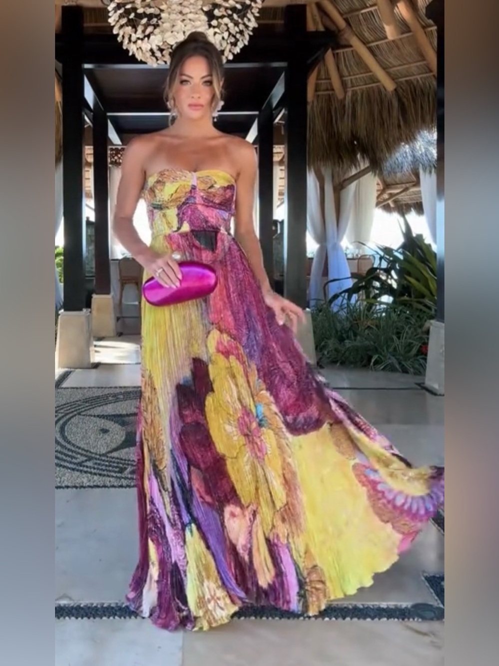 Vibrant Strapless Floral Maxi Dress in Yellow & Pink